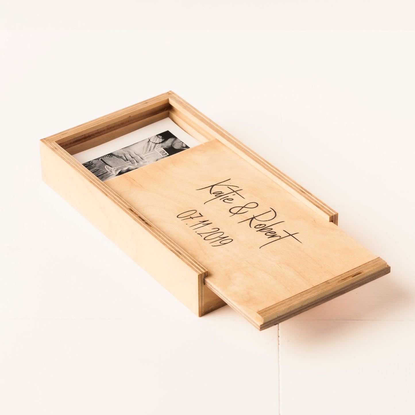 Personalized Photo Box with USB Compartment - Natural Finish - Fat USB