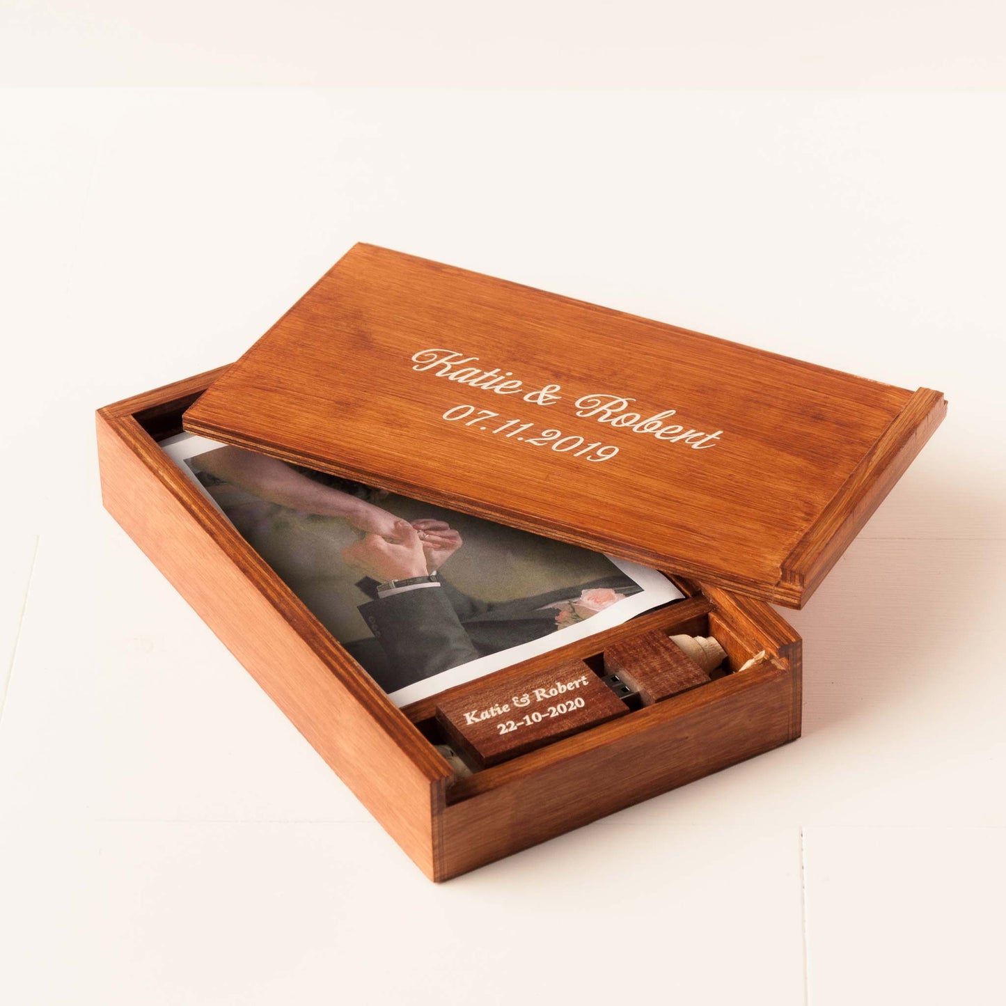 Personalized Photo Box with USB Compartment - Vintage Finish - Fat USB