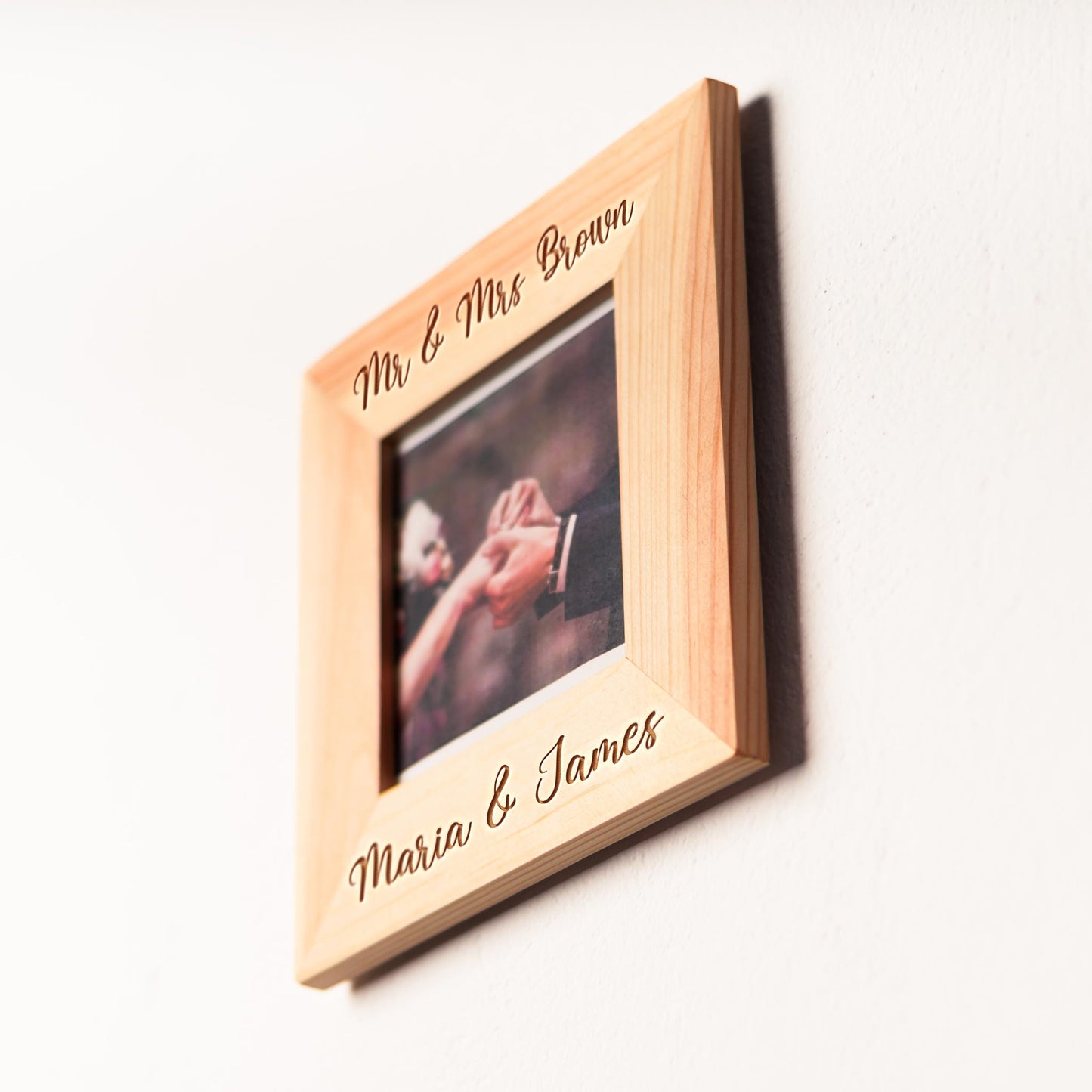 Rustic square frame with personalized text and photo.