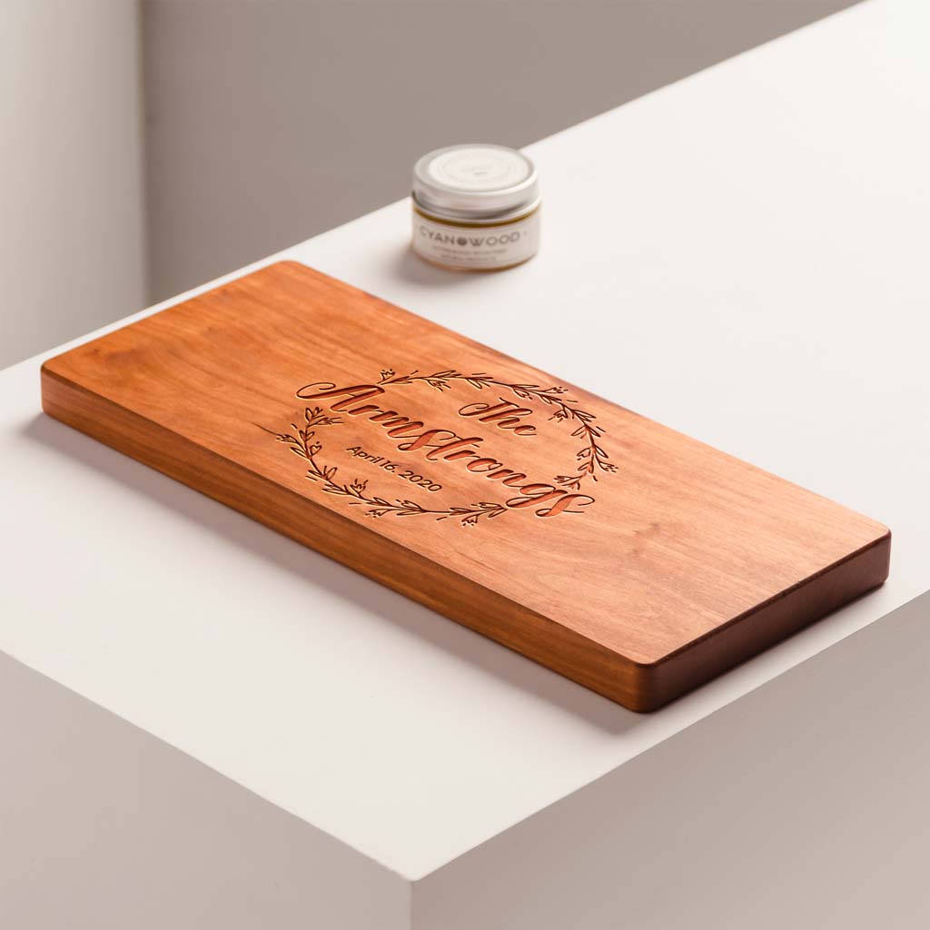 Personalized Cherry Wood Charcuterie Board with Engraved Wreath Design