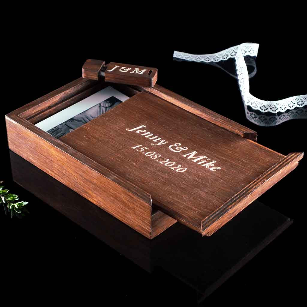 Boîte photo personnalisée avec couvercle - Finition noyer