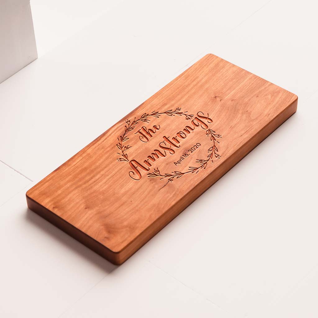 Personalized Cherry Wood Charcuterie Board with Engraved Wreath Design
