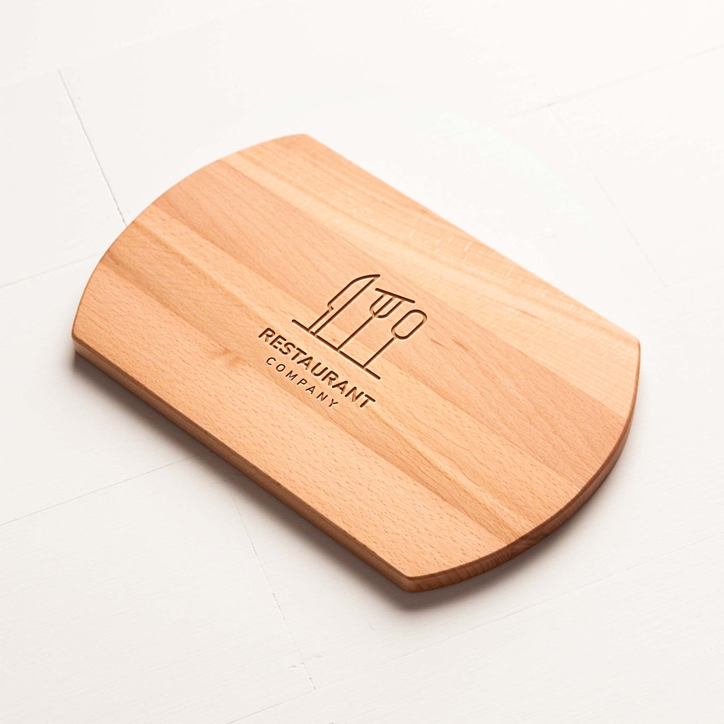 Wooden cutting board with 'Restaurant Company' logo on a white background