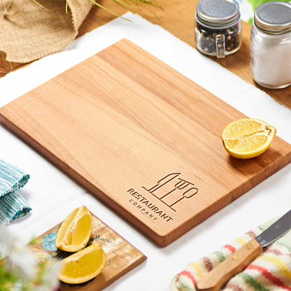 Rectangular beech wood cutting board engraved with restaurant logo - large.