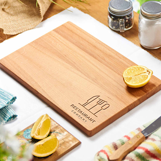 Rectangular beech wood cutting board engraved with restaurant logo - large.