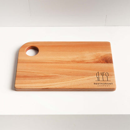 Wooden cutting board with a handle on a white background