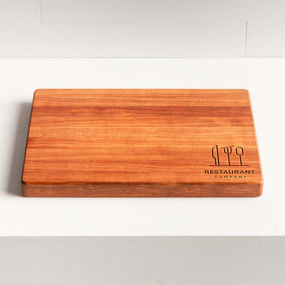 Wooden cutting board with 'Restaurant Company' logo on a white background