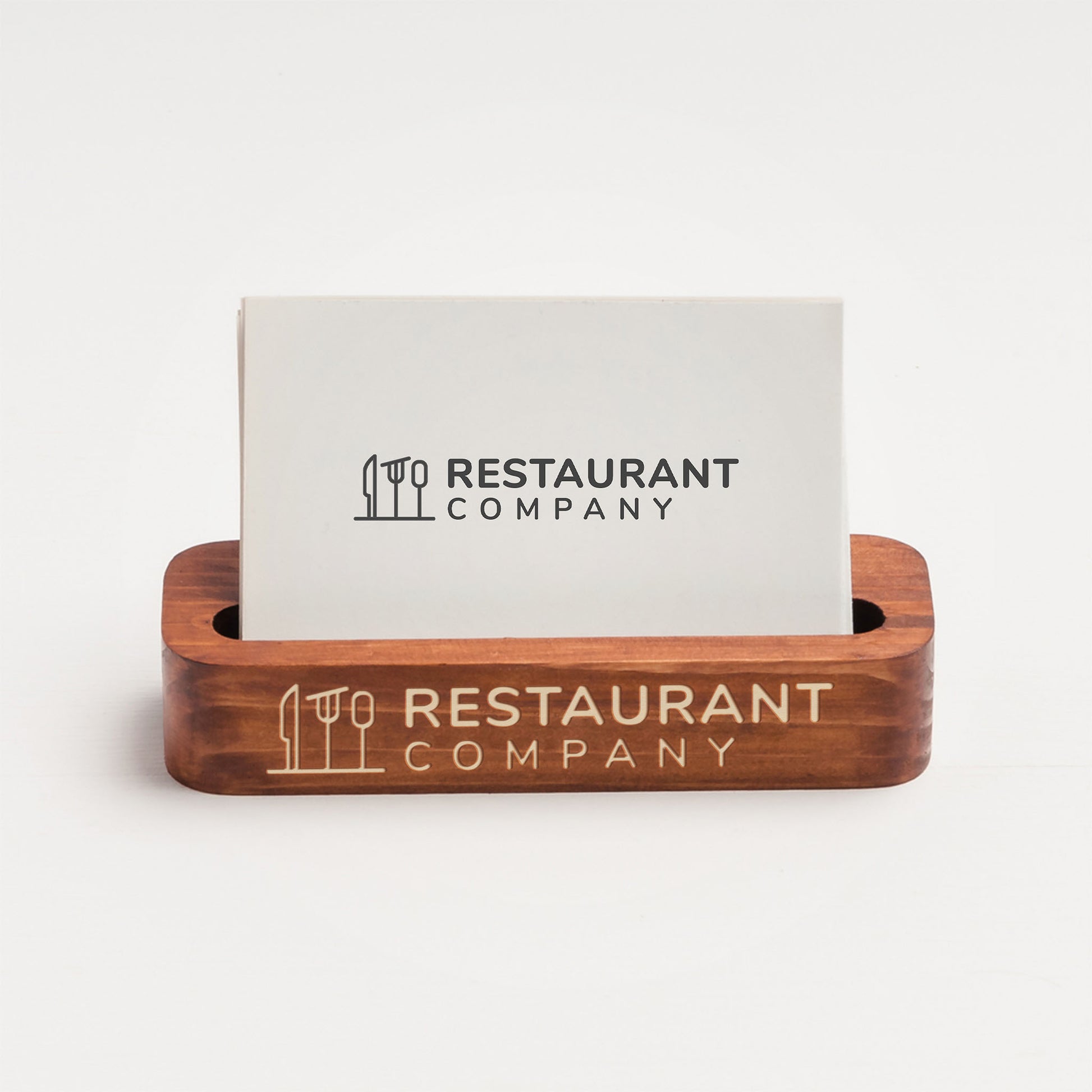 Wooden business card holder with 'Restaurant Company' branding on a white background