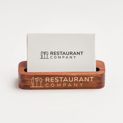 Wooden business card holder with 'Restaurant Company' branding on a white background