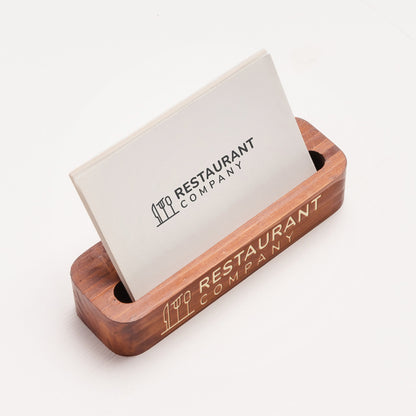 Wooden business card holder with 'Restaurant Company' branding on a white background