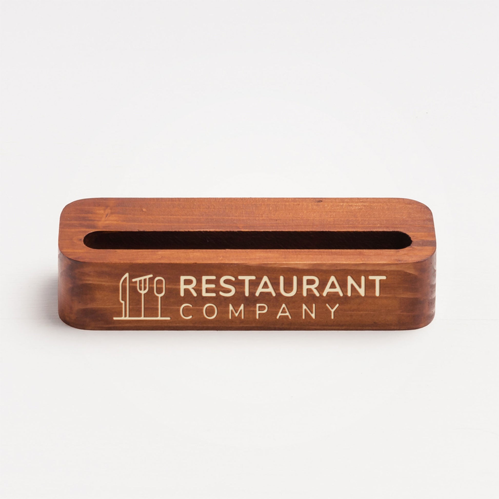 Wooden napkin holder with 'Restaurant Company' branding on a white background