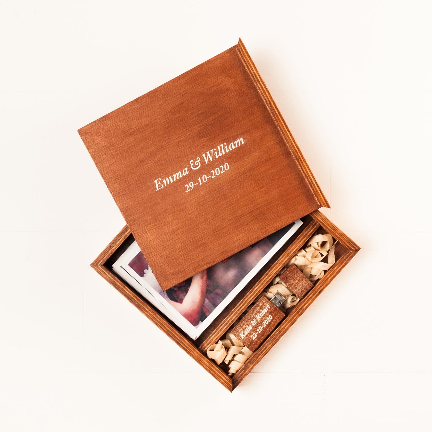 Personalized Square Photo Box with Lid - Vintage Maple Finish - Fat USB