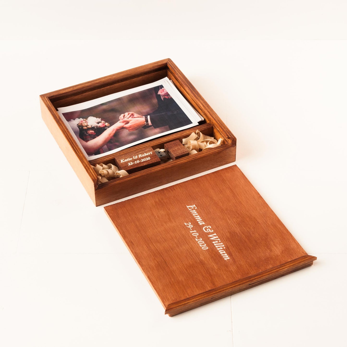 Personalized Square Photo Box with Lid - Vintage Maple Finish - Fat USB