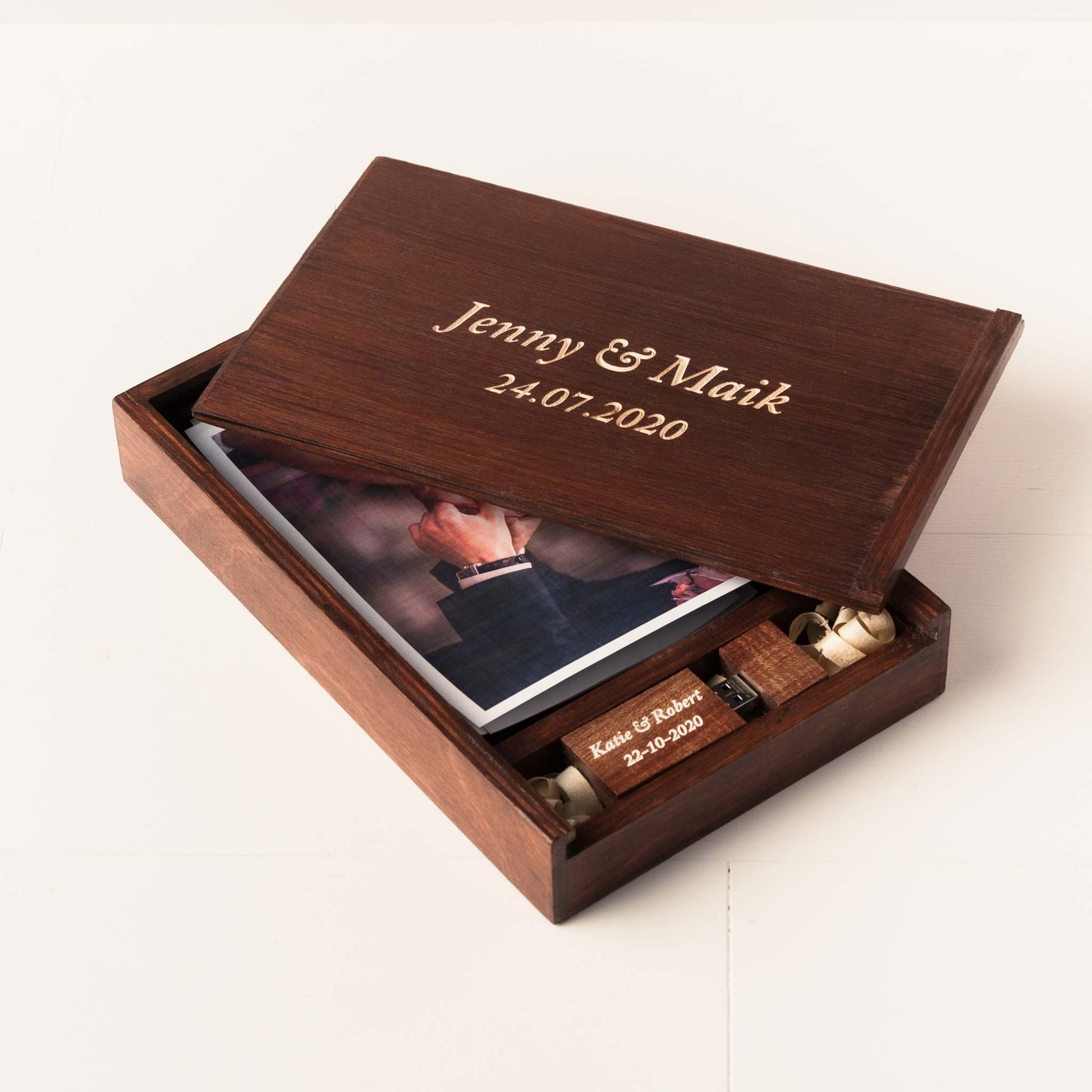 Personalized Photo Box with USB Compartment with Walnut Finish and Fat USB
