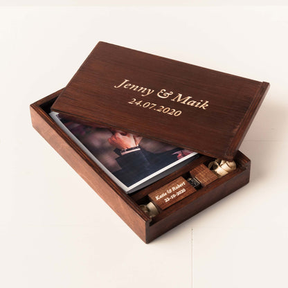 Personalized Photo Box with USB Compartment with Walnut Finish and Fat USB