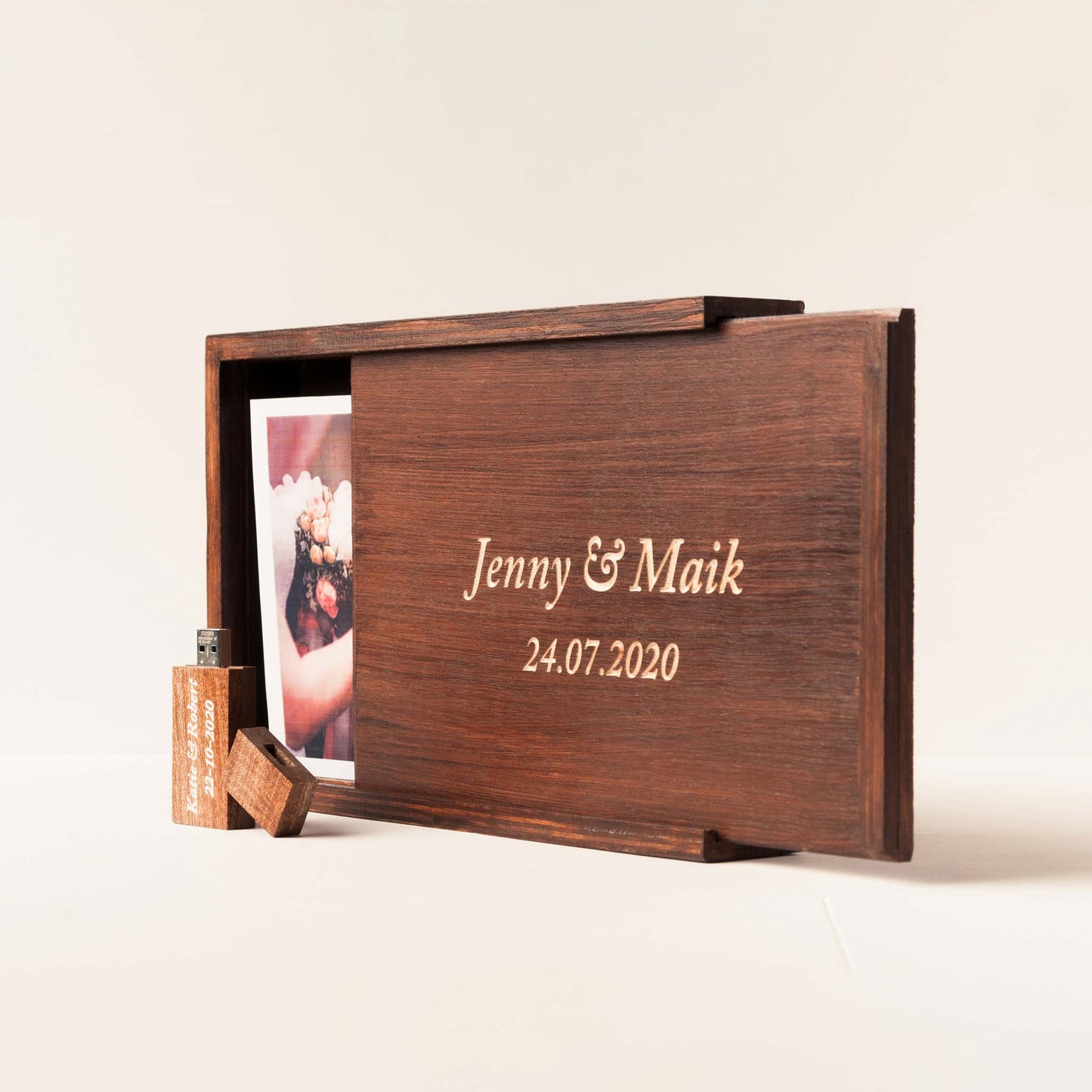Personalized Photo Box with USB Compartment with Walnut Finish and Fat USB