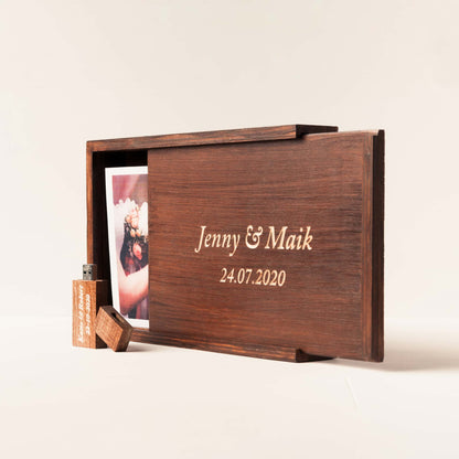 Personalized Photo Box with USB Compartment with Walnut Finish and Fat USB