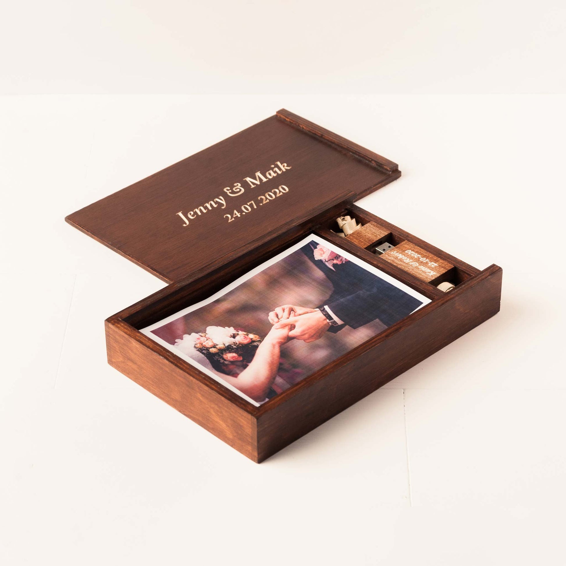 Personalized Photo Box with USB Compartment with Walnut Finish and Fat USB