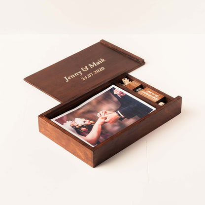 Personalized Photo Box with USB Compartment with Walnut Finish and Fat USB