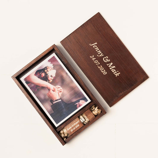 Personalized Photo Box with USB Compartment with Walnut Finish and Fat USB