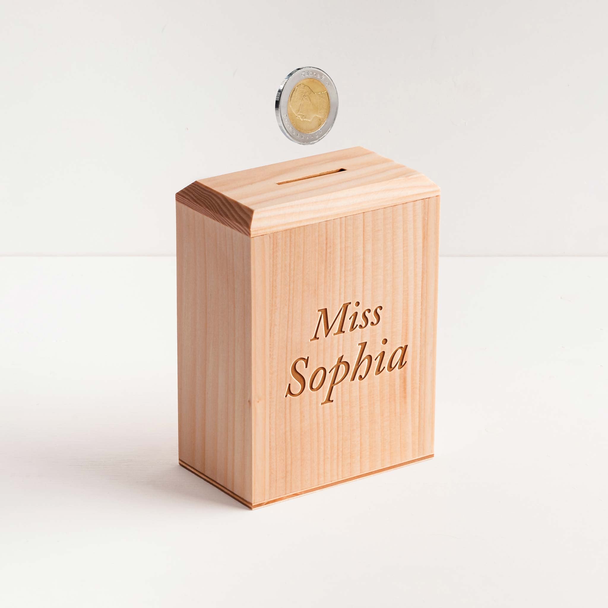 Personalized Wooden Money Box - Engraved Text | Cyanowood