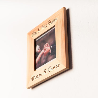 Rustic square frame with personalized text and photo.