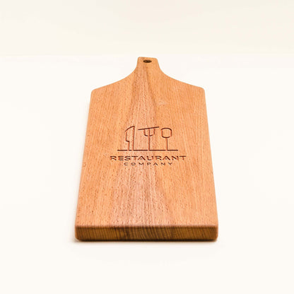 Wooden cutting board with 'Restaurant Company' logo on a white background
