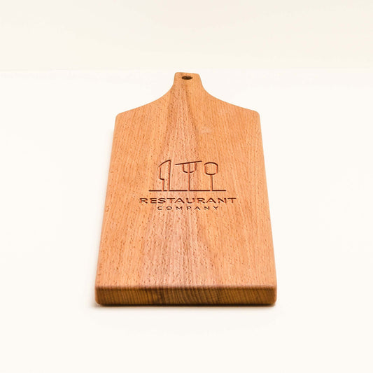 Wooden cutting board with 'Restaurant Company' logo on a white background