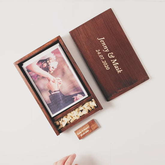Video of Personalized Photo Box with USB Compartment with Walnut Finish and Fat USB