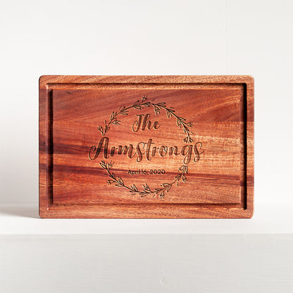 Cutting Board with Mahogany Wood - Rectangular Shape with Juice Groove - Circle Wreath Engraved