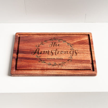 Cutting Board with Mahogany Wood - Rectangular Shape with Juice Groove - Circle Wreath Engraved