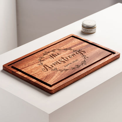 Cutting Board with Mahogany Wood - Rectangular Shape with Juice Groove - Circle Wreath Engraved