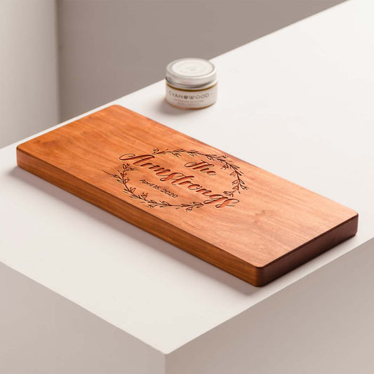 Personalized Cherry Wood Charcuterie Board with Engraved Wreath Design