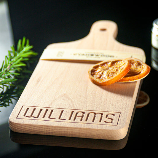 Personalized engraved beech wood charcuterie board with handle
