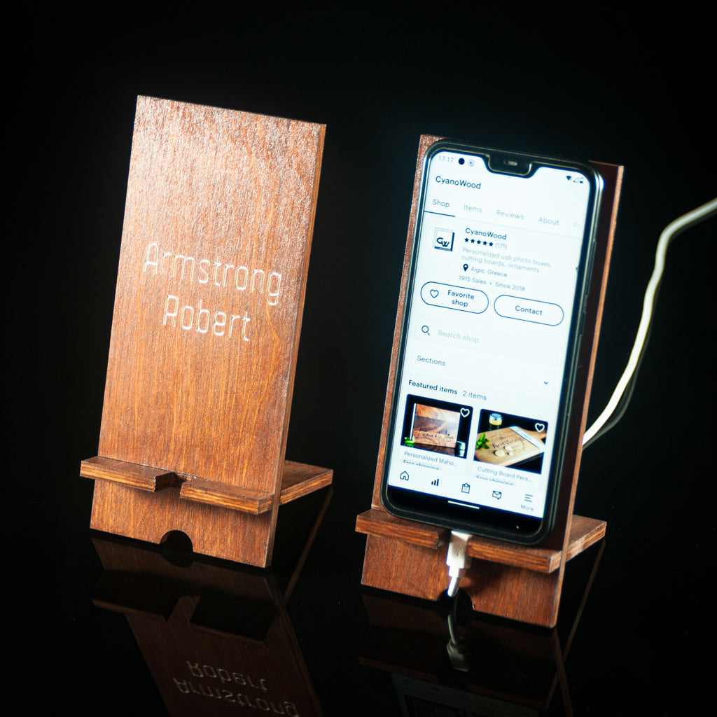 Personalized Engraved Wooden Phone Stand in Walnut Color for iPhone and Mobile Devices