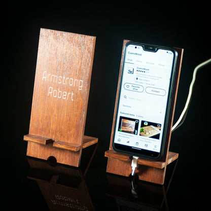 Personalized Engraved Wooden Phone Stand in Walnut Color for iPhone and Mobile Devices
