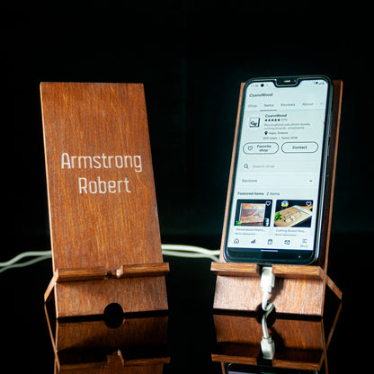 Personalized Engraved Wooden Phone Stand in Walnut Color for iPhone and Mobile Devices