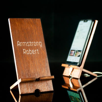 Personalized Engraved Wooden Phone Stand in Walnut Color for iPhone and Mobile Devices