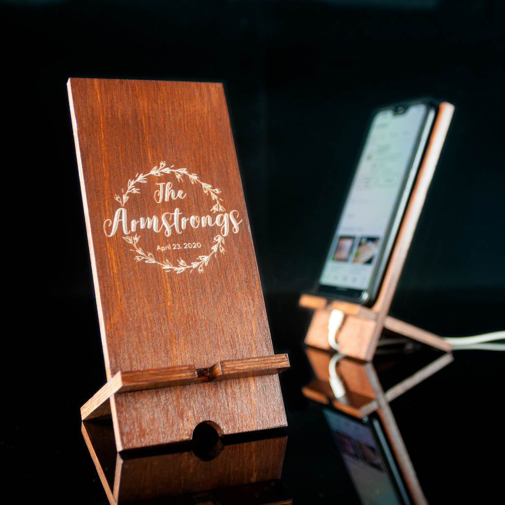 Personalized Engraved Walnut Wreath Design Phone Stand