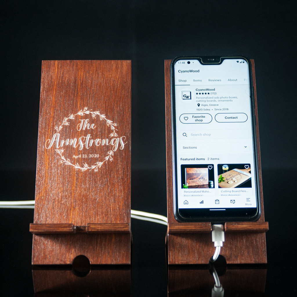 Personalized Engraved Walnut Wreath Design Phone Stand