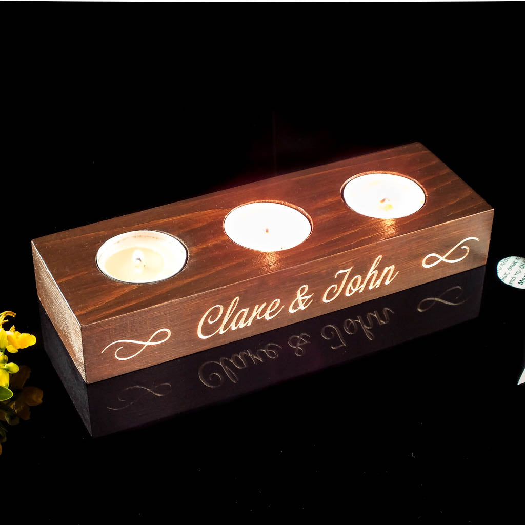 Tea Light Holder Triple - Walnut Finish - Infinity Engraving